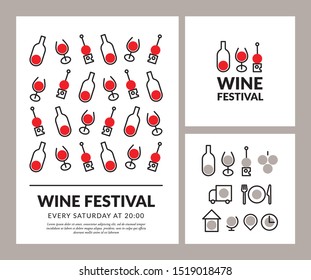 poster for wine festival, polka dots pattern with glass, bottle and canape
