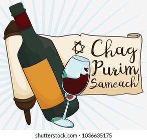 Poster with wine glass and bottle close to a scroll with greetings, wishing you a good holiday (or Chag Purim Sameach, written in Hebrew) to celebrate the Jewish Purim, with a big feast and drinks.