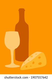 Poster wine with glass and cheese, collage in yellow monochrome colors, minimalism style, vector stock illustration for design and decor, banner, background, postcard, card