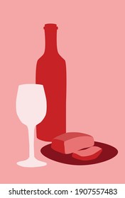 Poster wine with glass and steak, collage in red-pink monochrome colors, minimalism style, vector stock illustration for design and decor, banner, background, postcard, card