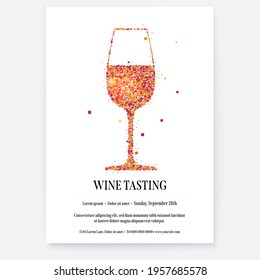 Poster for wine tasting events with design of text. Banner for Wine festival. Color glittering particles in glass shape. Silhouette of wine glass. Vector template