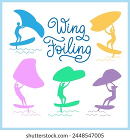 Poster with wing foiling people silhouette and lettering.  Vector color illustration on the white background.