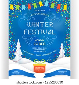 Poster For Winter Festival. Blue Colors Vector Invitation Flyer With Paper Cut Effect Snowdrift, Gifts, Confetti And Flags. Vertical Banner For Holiday Event Template Design. Customized Text.