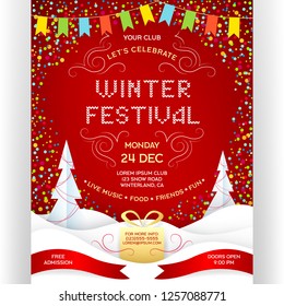 Poster for winter festival. Red colors vector invitation flyer with paper cut effect snowdrift, gifts, confetti and flags. Vertical banner for holiday event template design. Customized text.