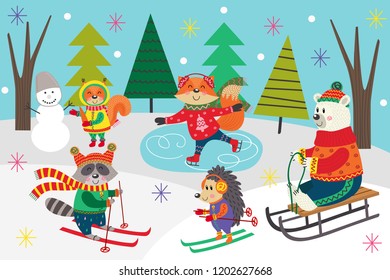 Poster Winter Fun Animals Forest Vector Stock Vector (Royalty Free ...