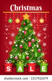 Poster of winter holiday and retail decorated by fir-tree with toys and snowflakes. Advertisement of Christmas sale with gift box and festive ball. Business promotion and retail on Xmas sale vector