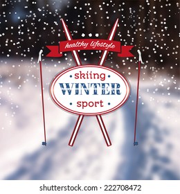 Poster with a winter landscape. Motto, slogan for winter season. Road in the snow. Emblem for winter poster with skiing. Photo background with a forest in the snow. Skiing vector. Winter sport.