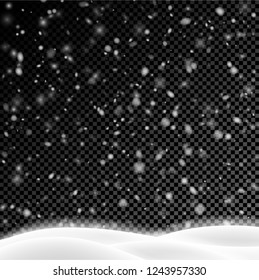 Poster with winter landscape and snow on transparent backdrop for seasonal, Christmas and New Year decoration. Vector background.
