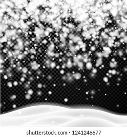 Afiche con paisaje invernal y nevadas sobre fondo transparente para la decoración de temporada, Navidad y Año Nuevo. Fondo vectorial.