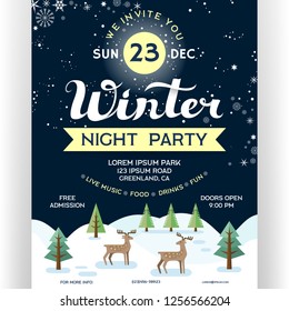 Poster for winter night party. Vector invitation flyer with reindeers in winter forest. Vertical banner for holiday event template design. Customized text.