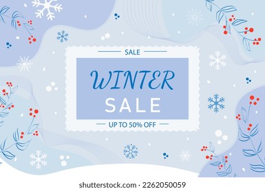 Poster winter sale. Vector illustration template with branches and snowflakes
