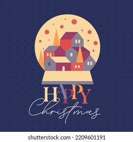 Poster winter snow globe in cubism style with small town lettering happy Christmas drawing on blue background