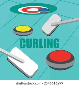 Poster of the winter sport of curling with granite stone on sheet, sports equipment for curling, team Olympic sport, curling broom on the ice arena and with the inscription Curling, sport concepts