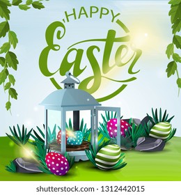 Poster with wishes of happy Easter with antique lantern with Easter eggs