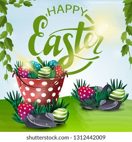 Poster with wishes of happy Easter with bucket with Easter eggs