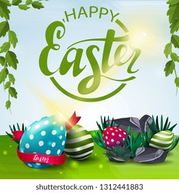Poster with wishes of happy Easter with Easter eggs