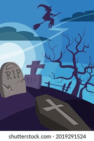 Poster with witch flying over the cemetery. Halloween placard design in cartoon style.