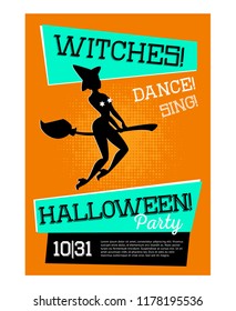 Poster with witch for Halloween party with orange background. Sorceress in high heels on broomstick. Celebration of halloween. Vector illustration.