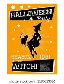 Poster with witch for Halloween party with orange background. Sorceress is sitting sideways with cat. Celebration of halloween. Vector illustration.