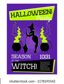 Poster with witch for Halloween party with purple background. Sorceress with broom and pottty with potion. Celebration of halloween. Vector illustration.