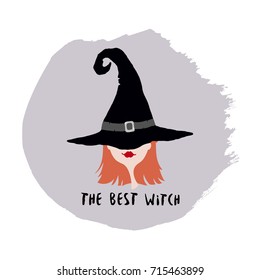 Poster with witch in hat. Designed with text The best witch. Good for Halloween decor.