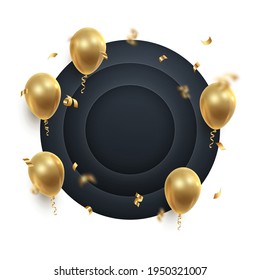 Poster witn realistic golden ballons, ribbons, serpentine, confetti and  black paper cut circles. Vector illustration for card, party, design, flyer, poster, decor, banner, web, advertising. 