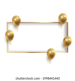 Poster witn realistic golden ballons, ribbons, serpentine, confetti and white paper cut rectangle. Vector illustration for card, party, design, flyer, poster, decor, banner, web, advertising. 