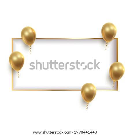 Poster witn realistic golden ballons, ribbons, serpentine, confetti and white paper cut rectangle. Vector illustration for card, party, design, flyer, poster, decor, banner, web, advertising. 