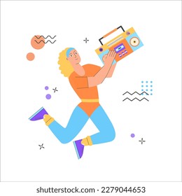 A poster with a woman doing boombox aerobic. Trendy 70s and 80s concept illustration. Retro sport outfit. Disco party. Old style fashion. Vector illustration, isolated.