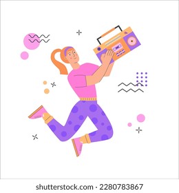 A poster with a woman doing boombox aerobic. Trendy 70s and 80s concept illustration. Retro sport outfit. Disco party. Old style fashion. Vector illustration, isolated.