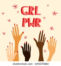 Poster with woman hands. Feminism placard. Print with hands of people of different nationalities and races.