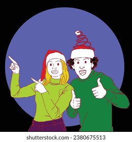 poster of a woman and man wearing Santa Claus hats celebrating Christmas happily