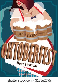 Poster with woman at Oktoberfest who holding mugs with beer