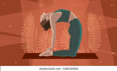 Poster with a woman practicing an asana pose. Body care and healthy lifstyle symbol. Colorful abstract background with plants