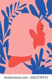 Silueta de mujer con flores. Afiche del Día Internacional de la Mujer. Adoptar la equidad. 8 de marzo, feliz día de la mujer. #EmbraceEquity (Abrazar la equidad). Ilustración vectorial del día de la mujer. Ilustración vectorial. Fondo rosa