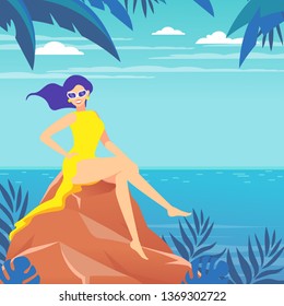 Poster. A woman sits on a stone by the sea, ocean. Tropical landscape.