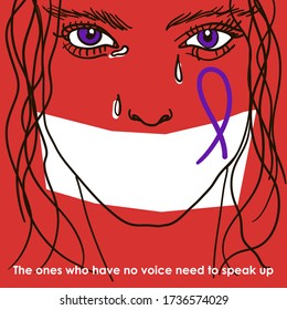 Poster with a woman suffering from violence. Symbol of domestic violence. Slogan against violence.