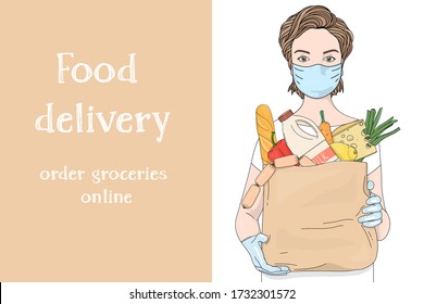 Poster of a woman wearing a protective mask and gloves carrying a paper bag from a supermarket. Grocery, vegetables, dairy products and a place for your text. Vector illustration on a white background