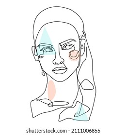 Poster with a woman's face drawn in one line. Line art.