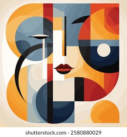 Poster with woman's face surrounded by geometric shapes and colors