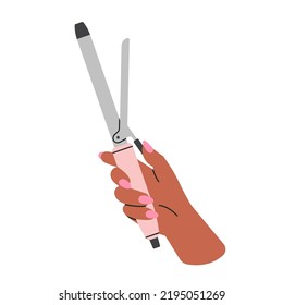 Poster with woman's hand holding a curling iron.
Hairstyle, self care and beauty salon concept.
Cool colorful design. Hand with manicure. Hand drawn isolated vector illustration.