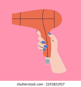 Poster with woman's hand holding a hair dryer. Everyday beauty routine.
Hairstyle, self care and beauty salon concept.
Cool colorful design. Hand drawn vector illustration isolated on pink background.