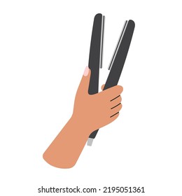 Poster with woman's hand holding a hair straightener.
Hairstyle, self care and beauty salon concept.
Cool colorful design. Hand with manicure. Hand drawn isolated vector illustration.