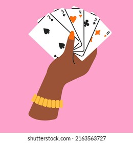 Poster with woman's hand holding playing cards.
Gambling, betting, casino and poker concept. Cool design.
Hand drawn vector illustration in trendy colors. Colorful flat design.