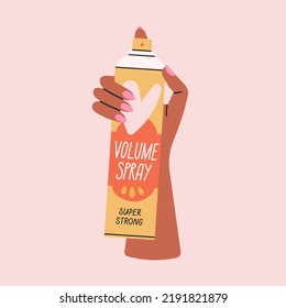 Poster with woman's hand holding a styling spray for hair volume. Hairstyle, self care and beauty salon concept. Cool colorful design. Hand drawn vector illustration isolated on pink background.