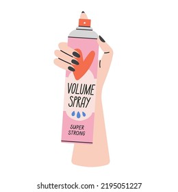 Poster with woman's hand holding a styling spray for hair volume.
Hairstyle, self care and beauty salon concept.
Cool colorful design. Hand with manicure. Hand drawn isolated vector illustration.