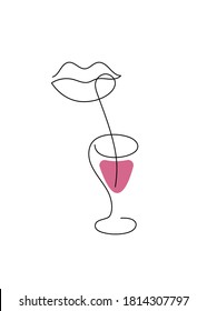 Poster with womans lips, soft drink and cocktail straw in modern hipster style. Girl drinking drink with glass