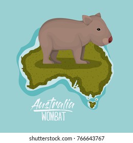poster wombat in australia map in green surrounded by the ocean