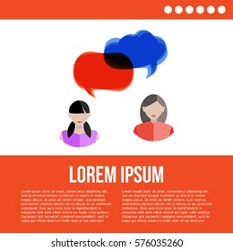 Poster of women icons with colorful quote bubbles with place for your text. Female avatars with speech bubbles. Vector.