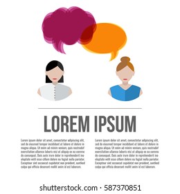 Poster of women icons with colorful quote bubbles with place for your text. Female avatars with speech bubbles. Vector.